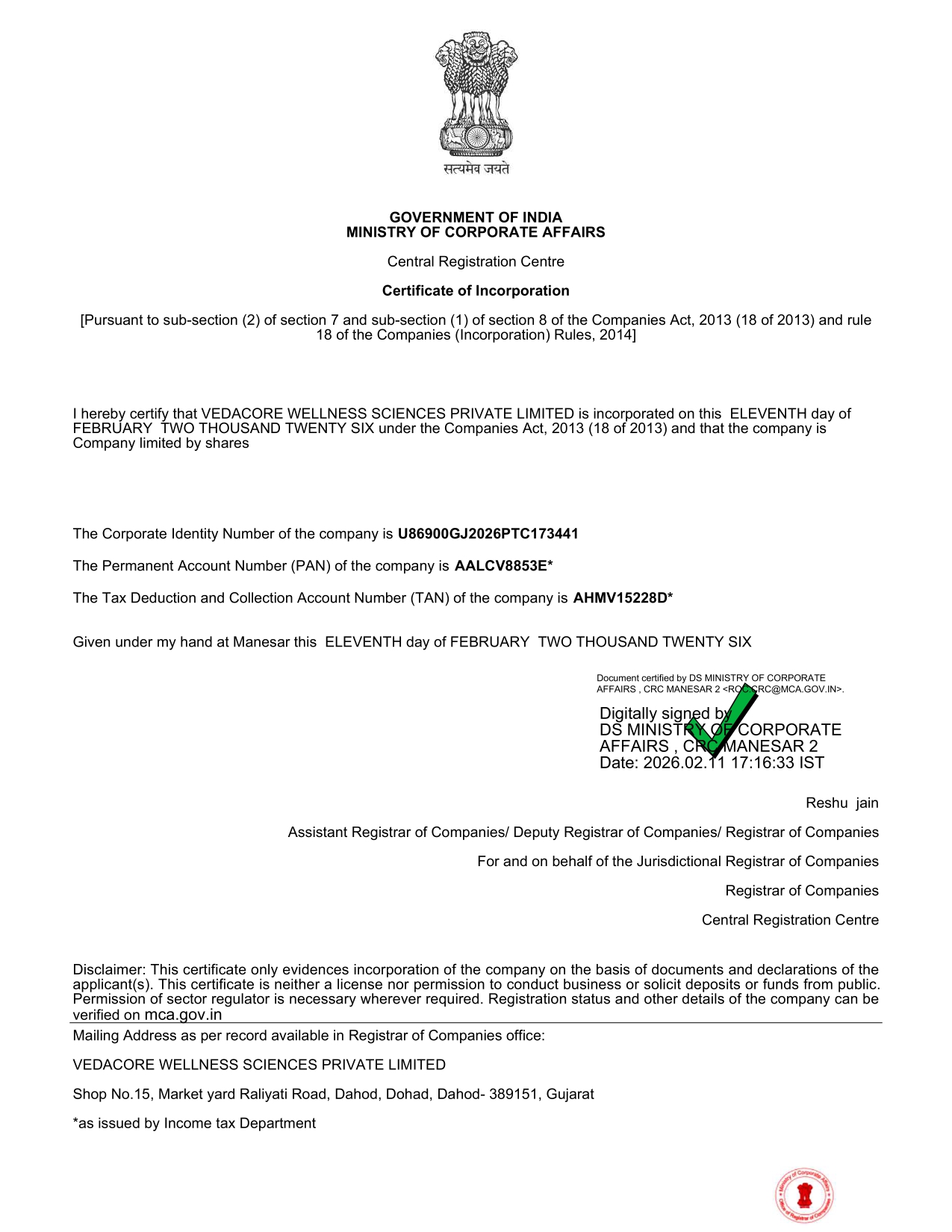 Incorporation Certificate
