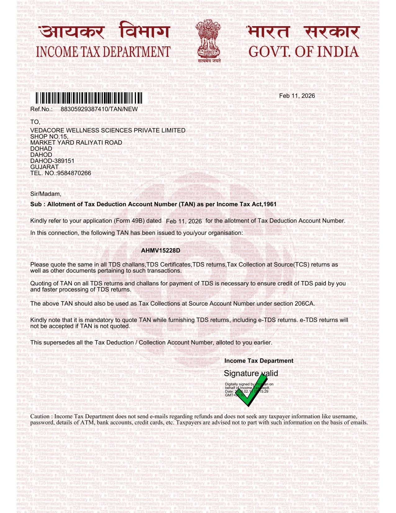 TAN Certificate